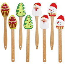 Espátulas de silicone resistentes ao calor, com cabo de madeira e estampa de Papai Noel, 8 peças, para decoração de bolos e raspadores de louça
