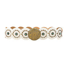 Cinto feminino em couro PU com disco redondo e detalhe em turquesa.