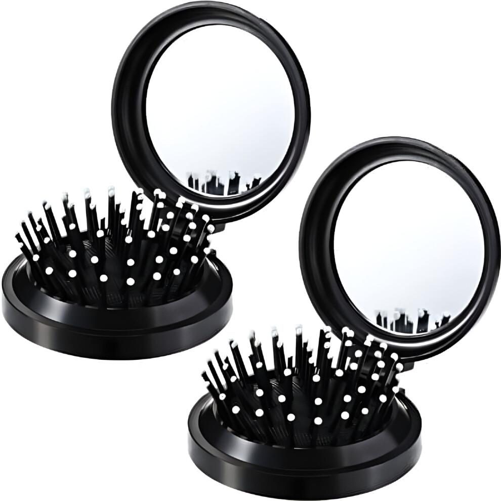ACDANC 2-Pack Folding Travel Mirror Hair Brushes, Round Pocket Brush & Mini Comb, Compact Hair Massage Comb for Women/Girls (Black)