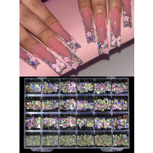 Pacáiste 24 Rhinestones Gloine AB Iridescent – Féileacáin, Croíthe, Braoin Uisce – Méideanna Measctha, Maisiú Ealaíne Ingne DIY, Ag luí