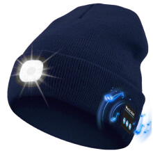 Unisex Bluetooth-lue med 6 LED-lys, USB-oppladbar, innebygd høyttaler og mikrofon – kompatibel med iPhone/Android (marineblå)