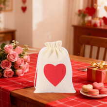 Heart Canvas Drawstring Bag for Wedding Candy Gift Packaging, 10x14 cm Red Polyester Favor Bag with Drawstring for Party Decor