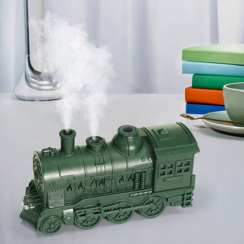 Retro Train-Shaped Humidifier 300ml with Remote, Flame Effect, Night Light & Aroma Diffuser for Bedroom – Green