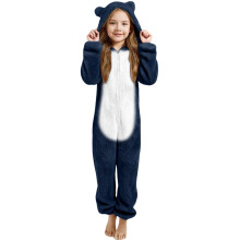 Bear Ear Plush-Lined Thickened One-Piece Pajama Set Navy