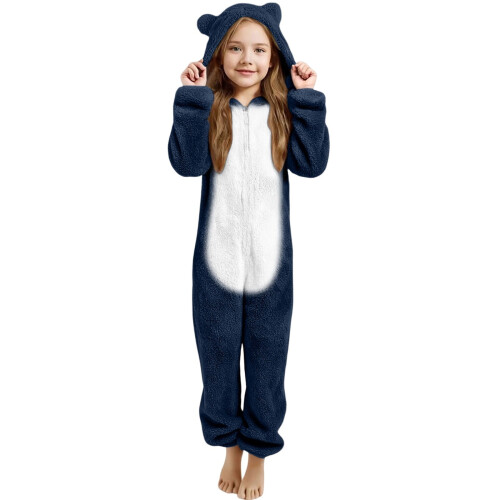 Bear Ear Plush-Lined Thickened One-Piece Pajama Set Navy