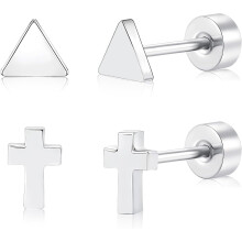 2 Pairs Flat Back Earrings for Women: Star/Moon, Heart/CZ, Butterfly/Lightning, Cross/Triangle Studs – Gold/Pink/Silver/Black