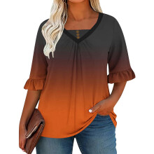 Women's Orange Ombre Tunic Top with Ruffle Sleeves V-Neck
