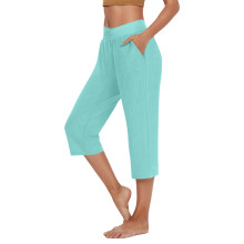 Dames capri yogabroek met zakken, effen kleur, middelhoge taille, wijde pijpen, cropped sportbroek voor het beoefenen van een stijlvolle outfit.