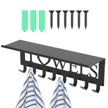 Wall-Mount Pool Towel Rack with Shelf & 8 Hooks – Metal Towel Organizer for Bathroom/Pool – Compatible with Standard Towels