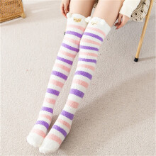 Women's Coral Fleece Fuzzy Crew Socks, Warm Cartoon Striped Towel Floor Socks, 2PC Purple