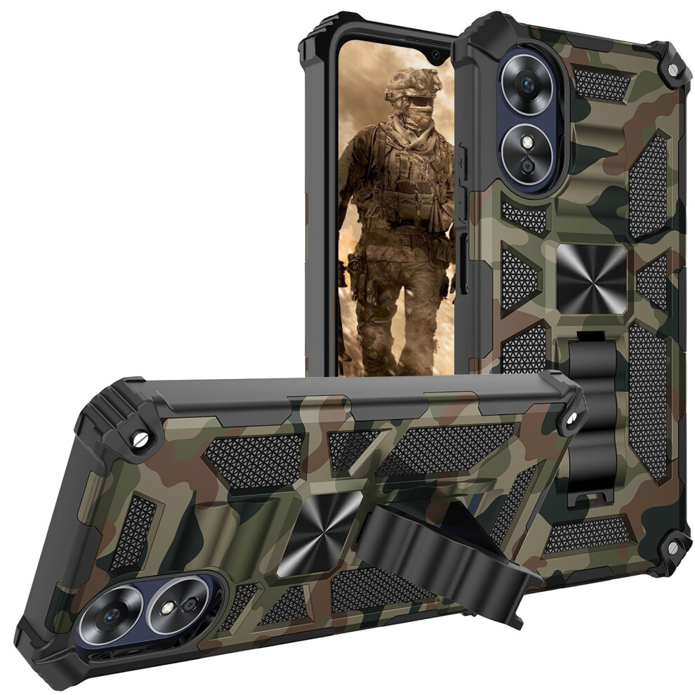 Camouflage Case For Compatible With Oppo A17 – Metal Kickstand, 360 Rotating Ring Stand, Army Green 9028731665030