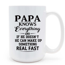 Papa Mug 15oz – “Papa Knows Everything” Funny Coffee Cup, Best Dad Gift for Birthday, Compatible with Dishwasher