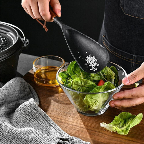 Multi-function Cooking Spoon, Nonstick Cookware Compatible, Sturdy Wooden Handle & Matte Silicone for Stirring, Scooping, Serving 1