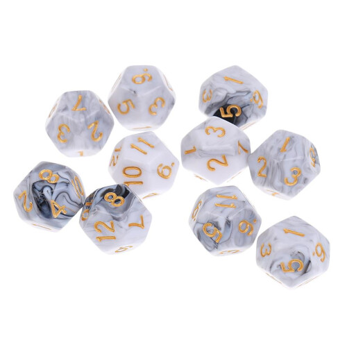 10pcs 12 Sided Dice D12 Polyhedral Dice for Table Games, White Gray, 12mm