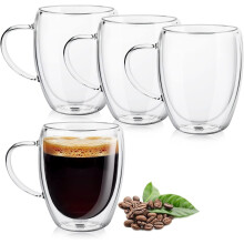 Double Wall Glass Coffee Mugs Set of 2, 16oz/450ml, Insulated for Hot Beverages, Compatible with Espresso, Tea, Latte, Cappuccino