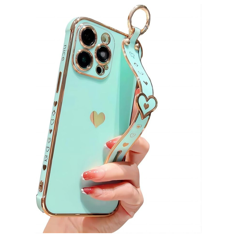 Luxury Electroplated Iphone Case With Love Heart Pattern, Hand Bracelet & Camera Protection Â Compatible With Iphone 13 Pro Green 9365509593363