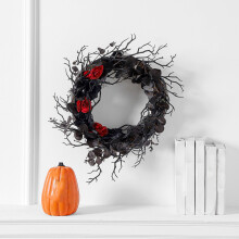 Black Halloween Door-Wreath with Red Rose Wreath for Front Door Black Wreath for Gothic Halloween Home Decor