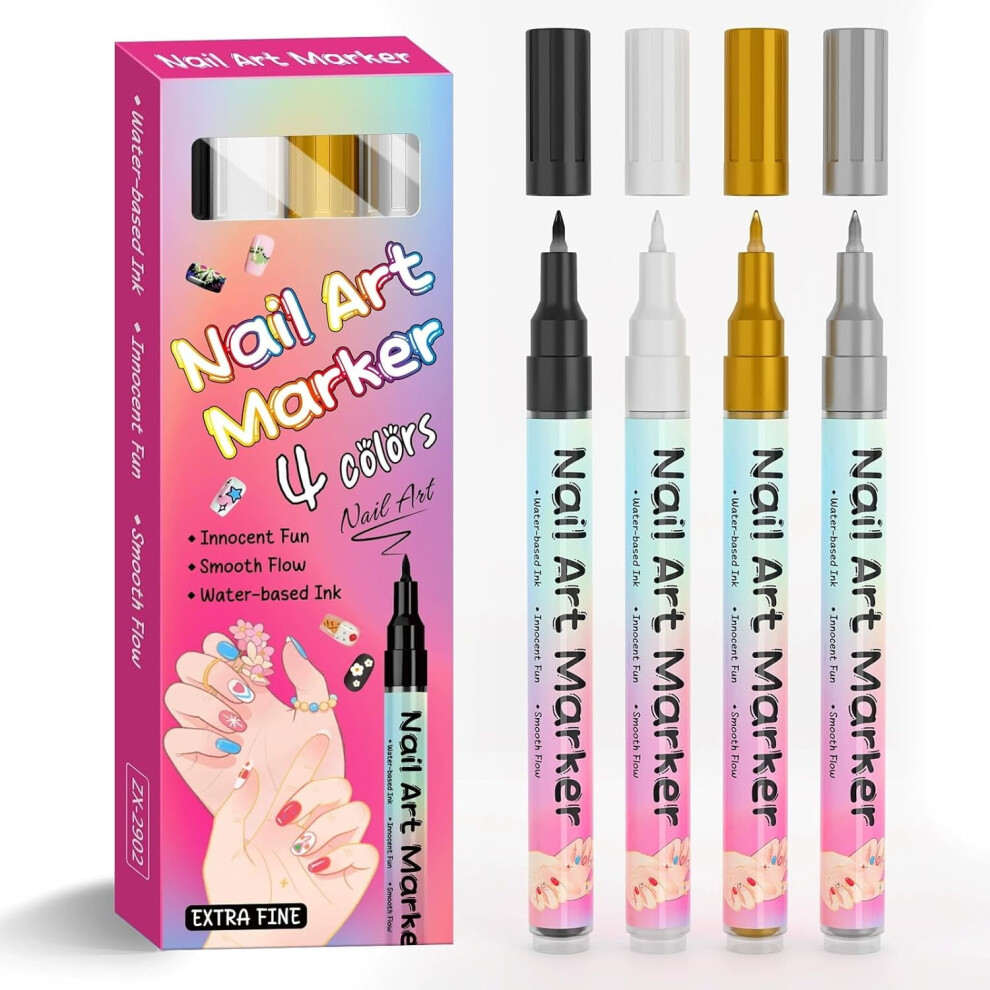 4-Pack Waterproof Nail Art Pens, 0.5mm Fine Tip, Quick-Dry, for Dotting & Liner â Compatible with Kids' Nail Polish