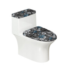 Protector de toaletă din material elastic cu model floral indigo și capac de toaletă rotund ușor de instalat și margine elastică extensibilă