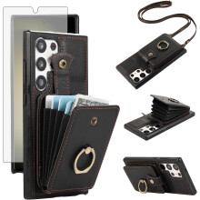 Phone Case Compatible with Samsung Galaxy S24 Ultra 5G – Wallet Cover with HD Screen Protector, Crossbody Strap, Ring Stand, RFID Card Holder