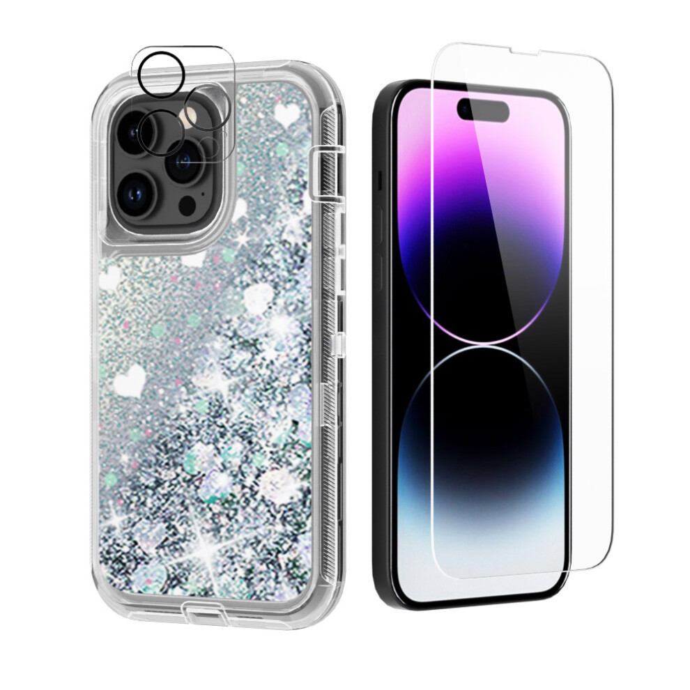 Compatible With Iphone 14 Pro: Clear Shockproof Cover + Screen & Camera Lens Protectors, Bling Glitter Quicksand Sparkle, 6.1", Silver 9365509244159