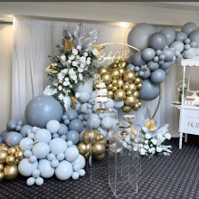 YANSION Double Stuffed Gray Balloon Garland Kit – Light Blue & Metallic Gold Balloons for Birthday, Baby Shower, Wedding Decor (Compatible with
