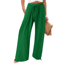 Women's cotton and linen leggings, high-waisted,-Green M