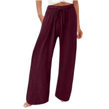 Women's cotton and linen leggings, high-waisted,-Burgundy L
