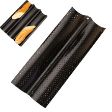 1PC 15"x13" Carbon Steel Baguette Pan, 3-Loaf Nonstick Perforated Tray for French & Italian Bread – Black, Four-Groove