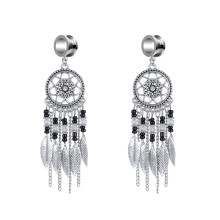 Vintage Hollow Leaf Ear Tunnel with Tassel 2 pcs