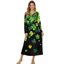 Women's Sleepshirts Long Sleeve Cozy Button Front Nightshirt Long Length Pajama Dress Night Gown for Saint Patricks Day, M, Shamrock Leaf Green Black