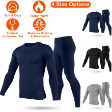 Men Thermal Underwear Set Cotton Long Johns Pants Long Sleeve Soft Underwear Kit Top and Bottom Winter Sports Suits Navy Blue L