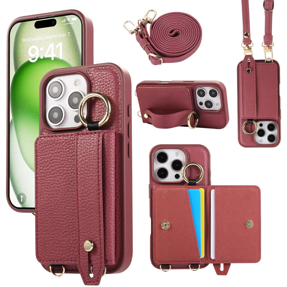 Tech Circle Wallet Case For Iphone 16 – Card Holder, Lanyard, Kickstand, Rfid Blocking, Finger Ring, Pu Leather, Shockproof, Winered 9479868113503