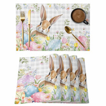 Jogo de 2 jogos americanos com coelhinho da Páscoa, estampa floral de ovos e xadrez cinza claro, antiderrapantes e laváveis – adequados para uso