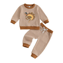 Thanksgiving Girls Outfits2Piece Turkey Embroidery Knit Sweatshirt And Striped Pants Toddler Fall Winter Birthday Kids Wear