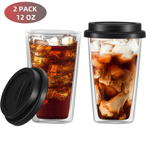 st. 350 ml dubbla glasmuggar med silikonlock, klara, diskmaskinssäkra 2