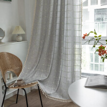 Farmhouse Semi-Blackout Window Curtain 1 Panel Cotton Linen Curtains with Tassel Rod Pocket Window Drapes for Dining Living Bedroom
