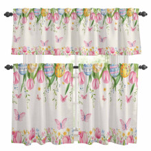 Kitchen Curtains and Valances Set Pink Blue Tulip Floral