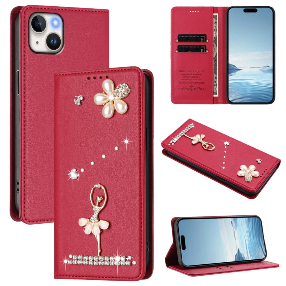 Rfid-Blocking Ballet Girl Flip Wallet Leather Case For Compatible With Iphone 15 Plus Â Red 9009879196846