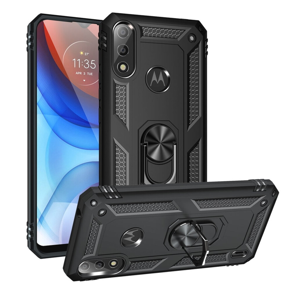 Motorola Moto E7 Power (2021) 6.5" Case – Impact Resistant, Magnetic Ring, Kickstand, Drop Protection, Black