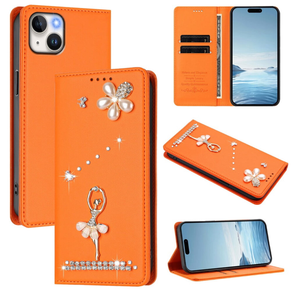 Rfid-Blocking Ballet Girl Flip Wallet Leather Case For Compatible With Iphone 15 Plus Â Orange 9482828641374