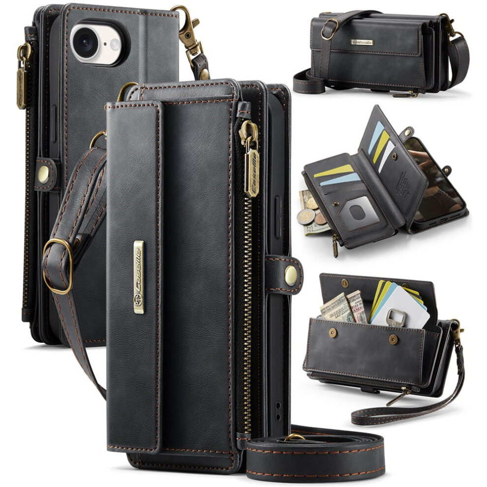 Caseme Wallet Case For Iphone 16E (6.1"), Rfid-Blocking Pu Leather, Kickstand, Wrist Strap, Zipper Card Slot, Black 9482828640933
