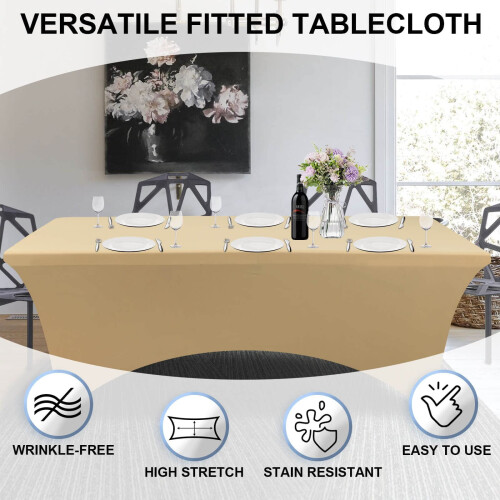Beige Fitted Tablecloth for 4ft Rectangular Table, Elastic Spandex – Party, Wedding, Massage Bed, Indoor/Outdoor Use 2