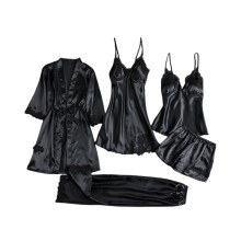 Conjunto de pijama feminino plus size de 5 peças em seda gelada, manga longa, fino, com roupão, preto, tamanho XL.