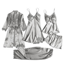 Conjunto de pijama feminino plus size de 5 peças em seda gelada, manga longa, fino, com roupão, cinza, tamanho XXL.