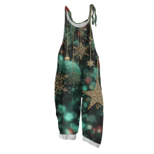 Dame vintage bomulds-hør overalls med juleprint - afslappet løs jumpsuit med skulderstropper og lommer, armygrøn, størrelse XXL