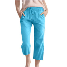 Capri broek voor meisjes met elastische taille, rechte pijpen en trekkoord, met zakken, blauw, geschikt voor de zomer, 9-10 jaar.