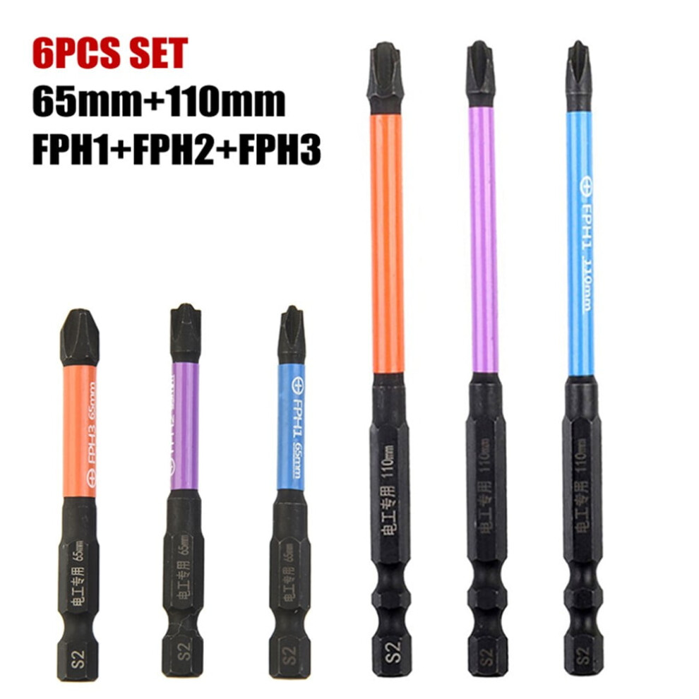 6Pcs Screwdriver Bit 65/110Mm Slotted Cross Fph1 Fph2 Fph3 Magnetic Special For Electrician Home Improvement Tool, Power Tools 9365509046135