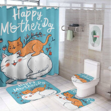 Juego de 4 piezas de cortina de ducha con alfombra antideslizante, funda para tapa de inodoro y tapete de baño – Lindo diseño de gato/gatito,