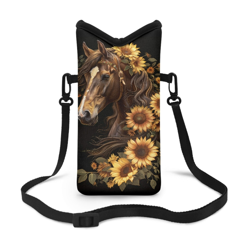 Neoprene Cell Phone Sleeve Pouch, 4X8", Crossbody With Adjustable Detachable Strap, Horse/Sunflower Design 9365509046760